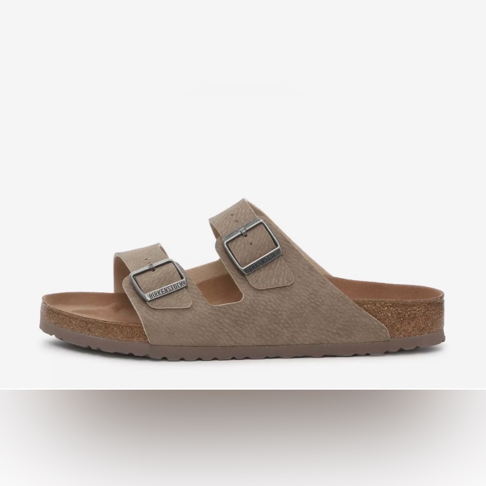 Birkenstock Arizona Vegan Suede Double Strap Sandal in Taupe/Stone. NWT.